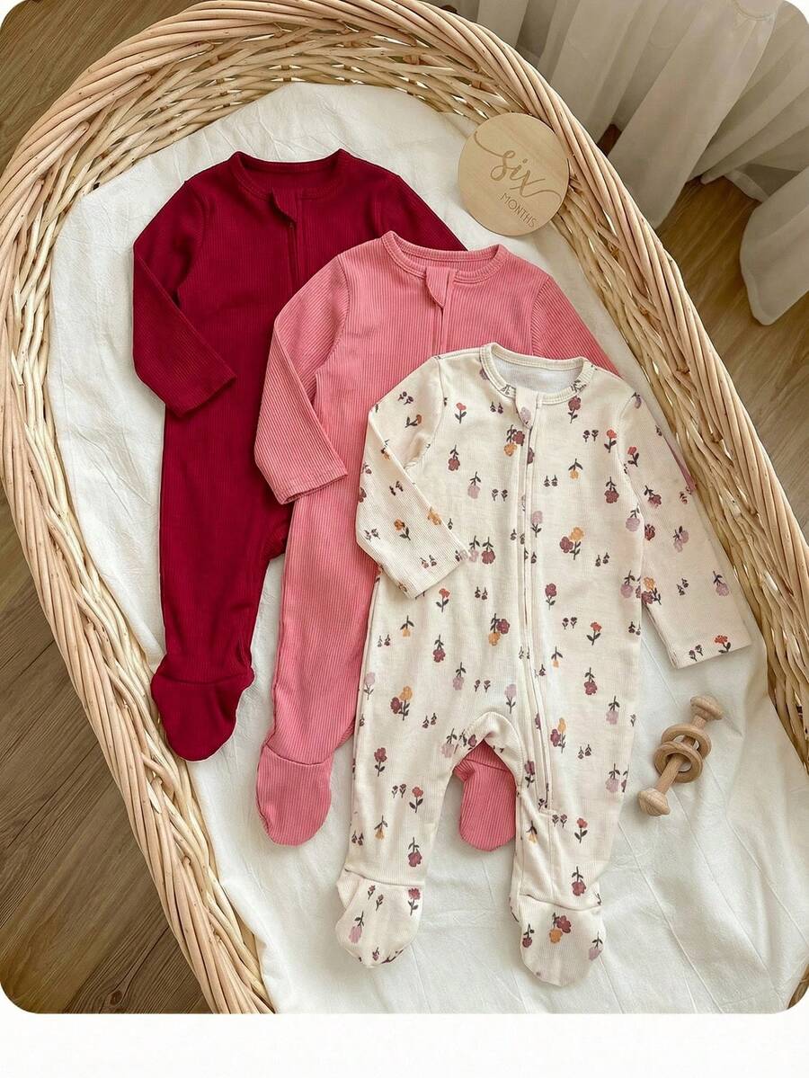 SHEIN 3件套新生女宝宝可爱休闲针织碎花弹力连体衣 - 彩色 - 查看 1