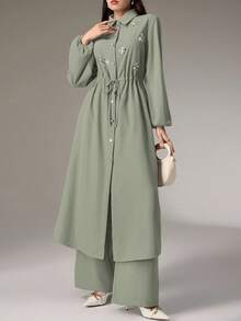 Modelyn Women's Rhinestone Flower Decor Long Sleeve Single-Breasted Drawstring Waist Jacket And Pants Casual 2 Pieces Set - Green - View 7