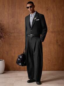 男士梭织休闲宽松长袖外套和直筒裤两件套 - 黑色 - 查看 1