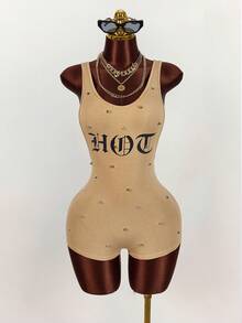 Amplova 标语印花透视连体裤 - 棕色 - 查看 3