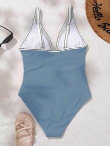 SHEIN Swim 女士条纹拼接连体泳衣，适合海滩度假、泳池派对、沙滩派对 - 藍色 - 查看 2