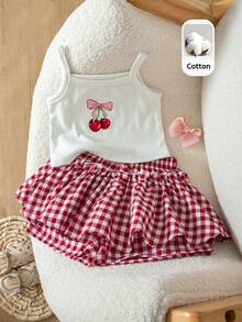 Emery Rose Kids Emery Rose Kids 女童夏季休闲樱桃印花吊带背心和格子短裤套装 - 紅白色 - 查看 2