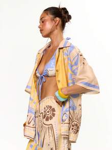 MUSERA Camisa de manga corta con botones y estampado gráfico solar, ideal para vacaciones, festivales, playa, vacaciones en Ibiza, elegante para primavera y verano - Blanco - Ver 3