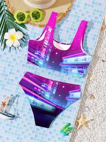 Bộ áo tắm tankini in chữ và hoạt hình dành cho bé gái tuổi teen, kèm quần lót, thích hợp cho kỳ nghỉ hè. - Nhiều màu - Xem 2