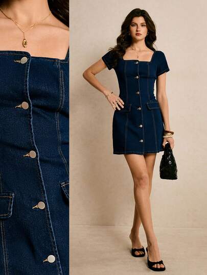 Poéselle 新款女式短袖修身连衣裙，前开襟设计，深蓝色。夏季连衣裙、春季连衣裙、节日女装、优雅派对女装、优雅女装、度假连衣裙、正式女装、职业装、修身女装、牛仔连衣裙、女士连衣裙、牛仔裙、母亲节连衣裙