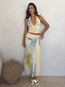Aloruh Bộ đồ 2 mảnh gợi cảm dành cho nữ, gồm áo hai dây cổ yếm in họa tiết Bohemian và chân váy ngắn, thích hợp cho kỳ nghỉ. - Nhiều màu - Xem 5