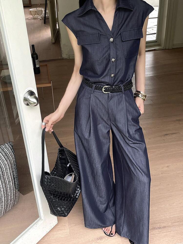 Women's Casual Commuting Solid Color Flap Pocket Cuffed Sleeve Shirt And Wide Leg Pants 2 Pieces Set, Spring/Summer Lounge Sets For Women