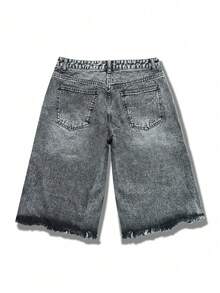GALLERY FADE Quần short denim ống rộng rách rưới đính đá lấp lánh, phong cách đường phố dành cho nam giới. - Màu xám đen - Xem 5
