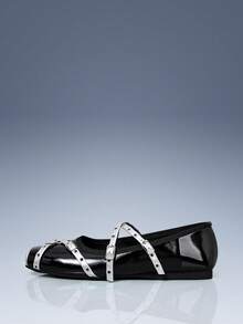 CUCCOO GRLICON Retro Style Brown Flat Ballet Shoes, Personalized Rivet Double Buckle With Square Toe Shoes, Versatile Commuter Low Vamp Shoes - Black - View 2