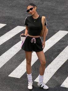 Muchica 女款休閒運動風 K-Pop 黑色波點針織套裝 Ytk 瑜伽上衣與緊身褲 2 件組 健身運動服 夏季 - 黑色 - 查看 7