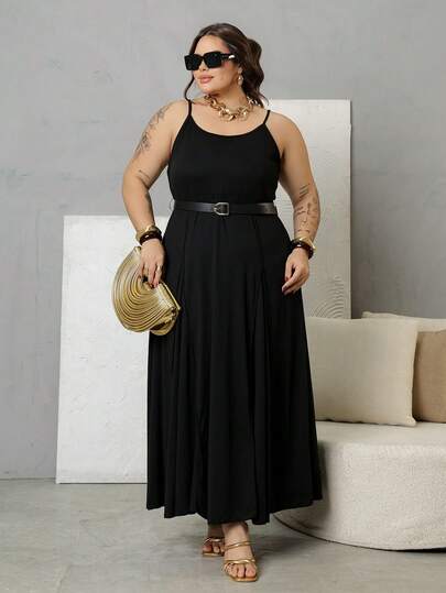 Bibi Tomais 加大码 1 件黑色细肩带分层荷叶边腰连衣裙，优雅女士连衣裙，仙女服装连衣裙，女士轻便连衣裙，返校节连衣裙，新年，情人节