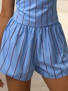 Bonvoyette Quần short kẻ sọc thường ngày dành cho nữ - Xanh và trắng - Xem 6