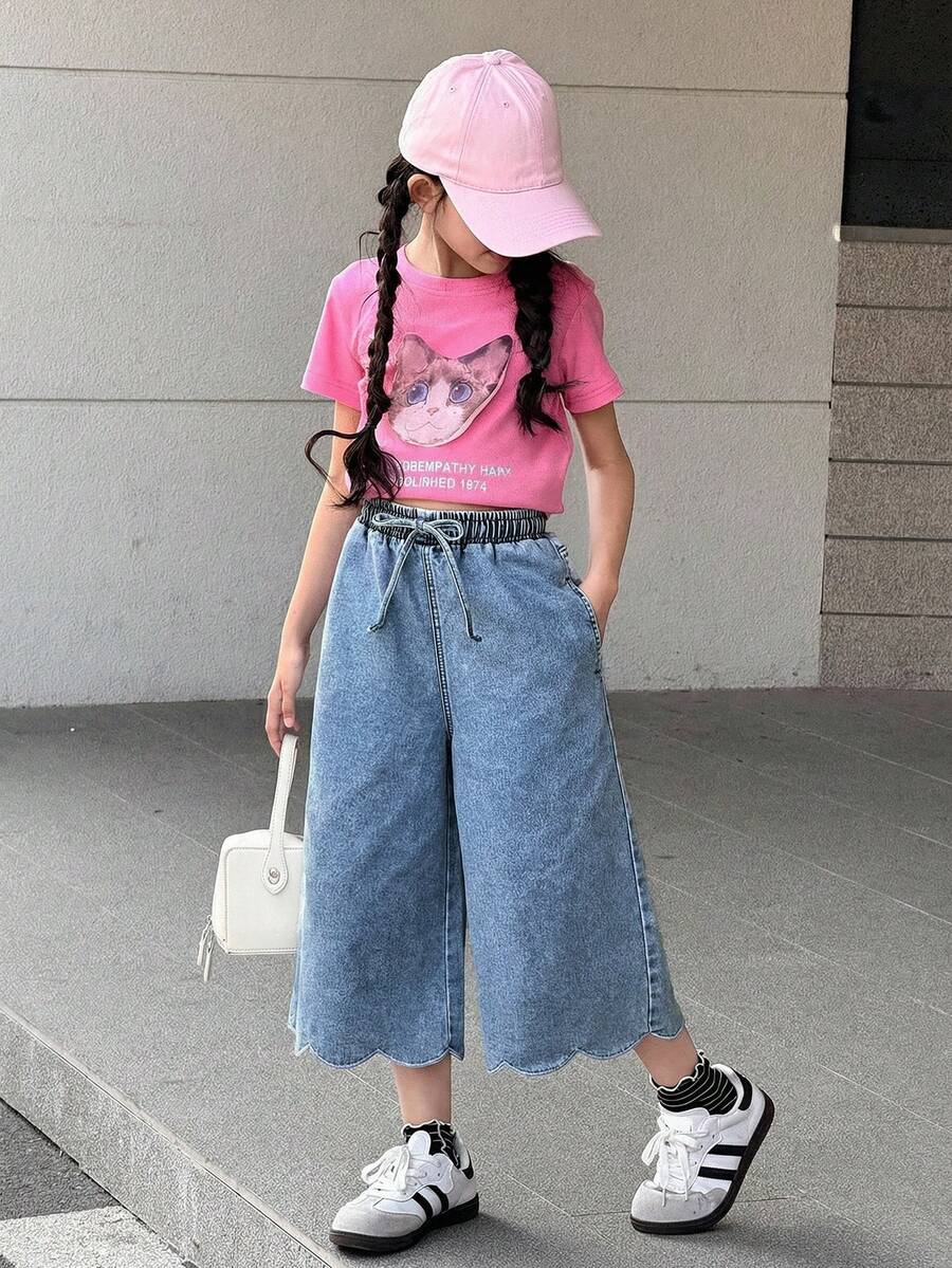 SHEIN 少女浅蓝色刺绣波浪边宽松阔腿牛仔裤 - 藍色 - 查看 1