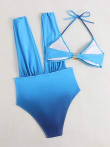 Swim Lushoire Bộ 2 áo tắm liền thân kiểu ombre, phong cách nghỉ dưỡng châu Âu và Mỹ với họa tiết kim loại lấy cảm hứng từ đại dương. - Màu xanh lam - Xem 2