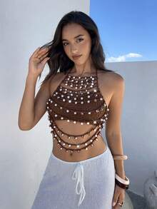 Aloruh Áo croptop dệt kim mùa hè gợi cảm dành cho nữ, khoét lỗ, đính cườm và tua rua. - Cà phê nâu - Xem 7