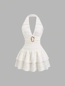 Sweetra Vestido de falda de pastel de rayas de encaje, nuevo para primavera/verano de las mujeres, decoración de hebilla metálica en escote en V, elegante romántico para vacaciones, fiestas y uso diario, vestido mini ajustado de unicolor con volantes en el bajo, blanco marfil - Albaricoque - Ver 1