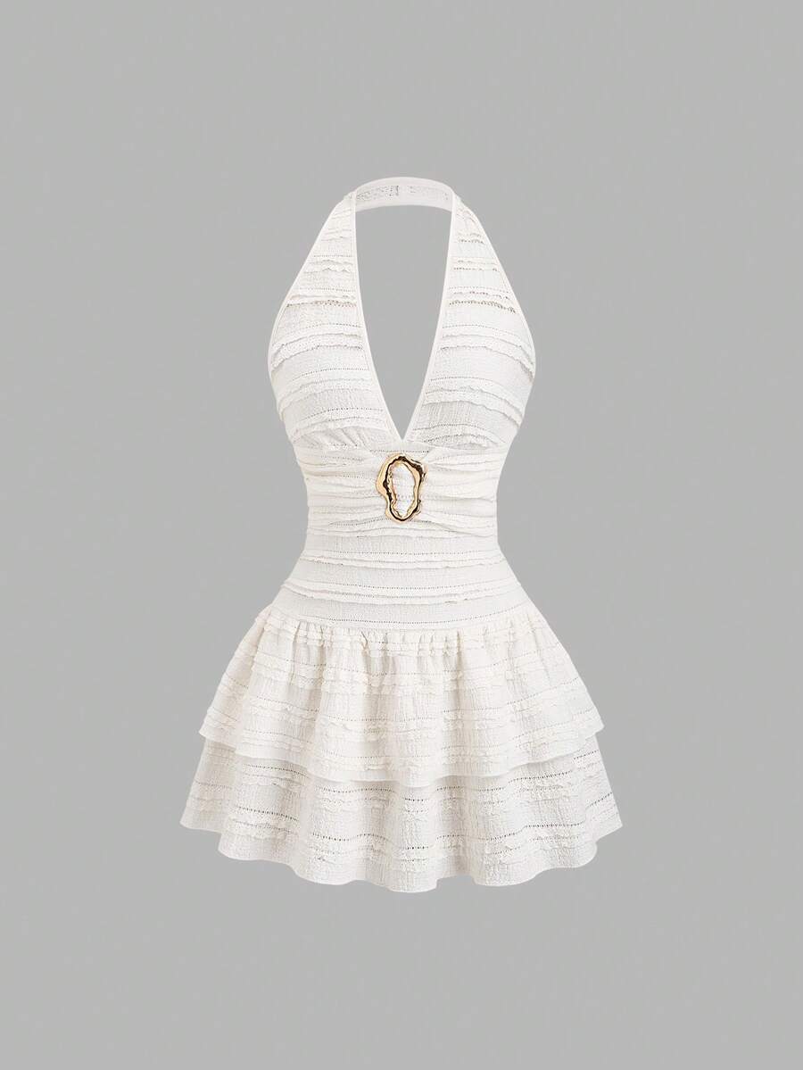 Sweetra Vestido de falda de pastel de rayas de encaje, nuevo para primavera/verano de las mujeres, decoración de hebilla metálica en escote en V, elegante romántico para vacaciones, fiestas y uso diario, vestido mini ajustado de unicolor con volantes en el bajo, blanco marfil - Albaricoque - Ver 1