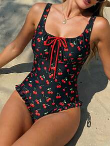 Swim Mod 1pc Women's Cherry Print Tie-Front Ruffle One-Piece Swimsuit, Fashionable Casual Beach Holiday Swimwear - Multicolor - View 5