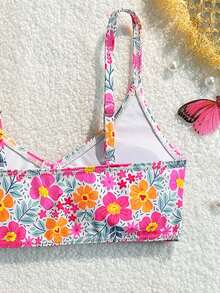 SHEIN Bộ bikini họa tiết hoa nhí nhiều màu sắc dành cho bé gái tuổi teen, áo buộc dây ở giữa, quần buộc dây bên hông, đồ bơi 2 mảnh, thời trang, giản dị, thanh lịch, thích hợp cho bơi lội, kỳ nghỉ, mùa hè. - Nhiều màu - Xem 4
