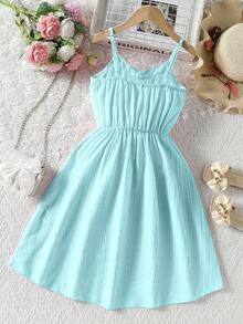 Sparklyn Tween Girl Solid Color Sleeveless Spaghetti Strap Dress For Summer Summer Holiday - Baby Blue - View 2