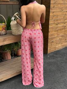 SHEIN EZwear 女士红色格子编织露背吊带背心和裤子套装 - 紅色 - 查看 2