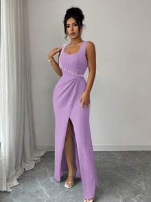 xheSHEIN Elenzya Vestido elegante y romántico para damas, con cuello cuadrado sin mangas, decoración de perlas en la cintura, plisado, abertura, ajustado, ligero, para fiesta y cóctel, con bajo de cola de sirenaxhe - Púrpura malva - Ver 3