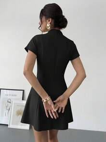 Aloruh Đầm ngắn dáng chữ A màu trơn, xếp ly eo, kiểu dáng công sở dành cho nữ mùa hè. - màu đen - Xem 2