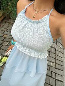 Sunnyshic Plus Size 2-Piece Set: Contrast Lace Ruffle Hem Halter Top And Mini Skirt, Casual Holiday Wear, Spring/Summer Gym Brown - Blue - View 6