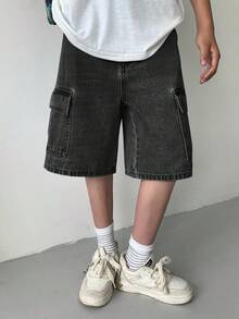 SHEIN Little Byeori 青少年男孩時尚休閒 Y2k 復古酷感工裝口袋設計寬鬆舒適牛仔短褲，適合日常穿著、春夏、電音節慶與海灘 - 黑色 - 查看 6