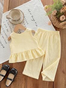 LMoss Kids 2pcs Baby Girl Cherry Print Woven Vest And Pants Set - Yellow - View 2