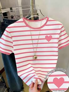 Girls' Round Neck Short Sleeve T-Shirt, Striped + Heart Pattern, Suitable For Spring And Summer, Minimalist Casual Fashionable Versatile - White - View 6