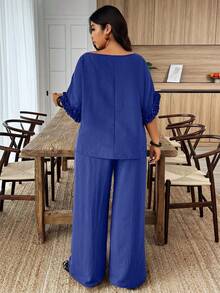 EMERY ROSE Plus Size Casual Solid Color Shirt And Pants 2 Pieces Set - Royal Blue - View 2