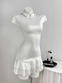 Elamini Women's Elegant Mandarin Collar Waist Cinched Woven Midi Dress - White - View 4