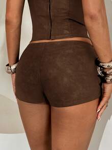 Aloruh Women's Retro Low-Waist Distressed PU Mini Shorts - Brown - View 3