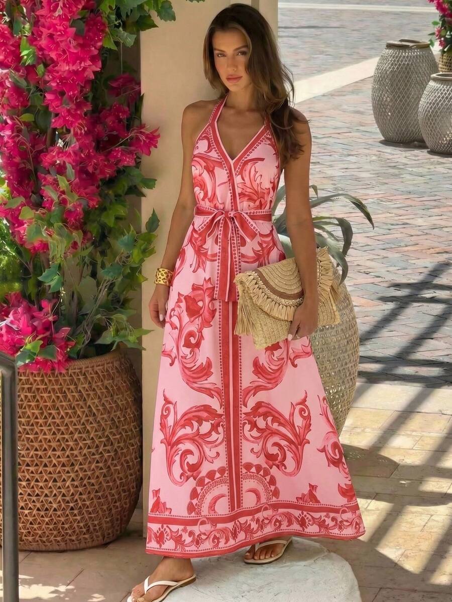 Vivid Eden Vestido Casual de Verão Feminino com Estampa Completa e Decote Halter Sem Costas - Rosa chiclete - Visão 1