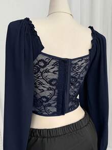 Comfortcana Plus Size Women's Lantern Sleeve Lace Patchwork Square Collar Padded Shoulder Blouse, Romantic Date Party Essential, Navy Blue - Navy Blue - View 2