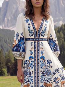 CAJUNI Vestido casual de mujer con estampado floral, cuello en V y mangas farol, para primavera/verano - Beis - Ver 4