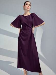 Modelyn Women Solid Color Round Neck Ruffle Short Sleeve Dress Long Evening Dresses,Fall Dresses For Women - Purple - View 4