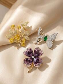 Cirelle Nature-Inspired Crystal Brooch - Four-Leaf Clover/Maple Leaf/Butterfly Design, Elegant Rhinestone Lapel Pin For Women's Daily Wear - Multicolor - View 8