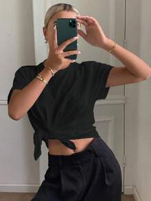 DAZY 女士纯色宽松圆领短袖斜领褶皱休闲T恤，秋季款 - 黑色 - 查看 4
