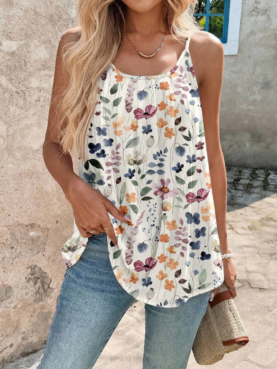 SHEIN Clasi 休闲简约度假波西米亚风优雅浪漫复古花卉水彩扎染印花图案，适合音乐节、海滩装扮、度假装扮、女士夏季服装，宽松荷叶边吊带背心 - 彩色 - 查看 1