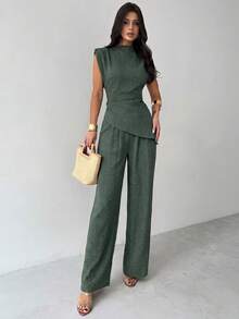 Firerie Sage Green Summer Casual Elegant Brunch Women's Linen Commute Suit,Sleeveless Asymmetric Ruched Blouse&Wide Leg Pants Set,Office Vacation Outfit - Green - View 5