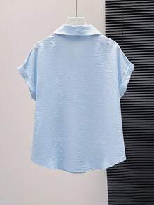 GlowEve CURVE Women Plus Size Sky Blue Elegant Summer Shirt,Pearl 3D Floral Collar Button-Up Casual Short Sleeve Top,Tea Party Fashionable Pearl Decor Pattern - Blue - View 2