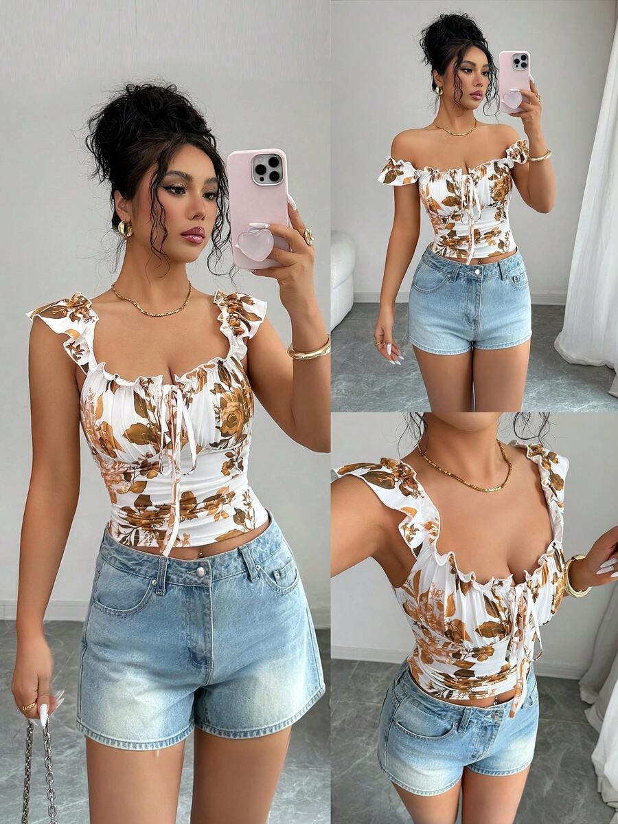 Arcane Artistry 夏季新款荷叶边袖系带褶皱吊带背心，度假风吊带上衣，适合旅行、度假、派对穿着 - 黃色 - 查看 1