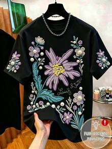 EMERY ROSE Camiseta elegante bordada, blusa con flores, camiseta de moda de verano - Multicolor - Ver 3