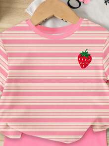 Souflis Souflis Bộ đồ cho bé gái gồm áo thun ngắn tay cổ tròn và quần short in hình dâu tây kẻ sọc dễ thương, thời trang, thích hợp cho mặc thường ngày và ngoài trời. - Nhiều màu - Xem 3