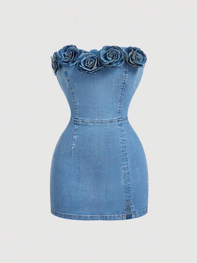 SHEIN MOD 女士3D立体花卉无肩带牛仔连衣裙