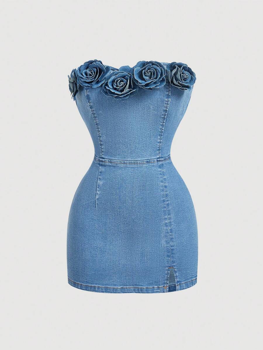 SHEIN MOD 女士3D立体花卉无肩带牛仔连衣裙 - 藍色 - 查看 1