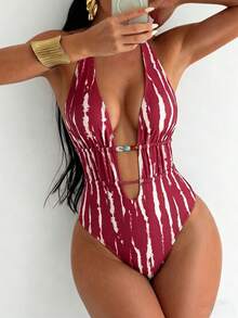 Bonvoyette Áo tắm liền thân cổ yếm kẻ sọc nhuộm màu tie-dye dành cho nữ, áo tắm khoét eo xếp ly đính hạt, kiểu dáng cắt xẻ, thích hợp cho kỳ nghỉ hè ở bãi biển. - Nhiều màu - Xem 3