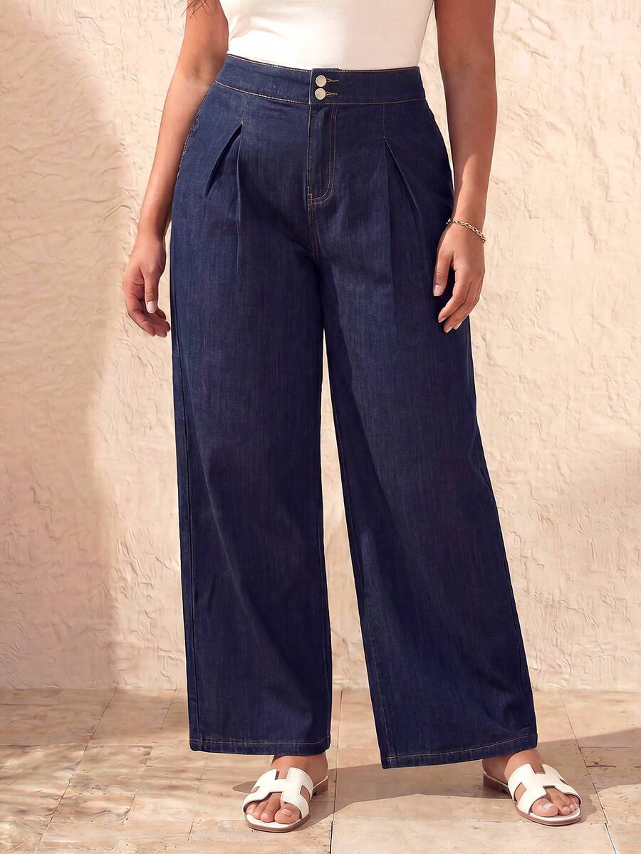 ELLERISSA Curve Elegant Pleat Front Denim Wide Leg Pants With Silver Buttons For Women, Dark Blue High Waist Pleated Wide Leg Jeans, Casual Streetwear, Denim Trousers, Plus Size Bottoms For Women, Everyday Wear, Silver Button Denim Pants, Office Outfits, Professional Wear, Spring Outfits, Relaxed Fit Denim Trousers - Blue - View 1